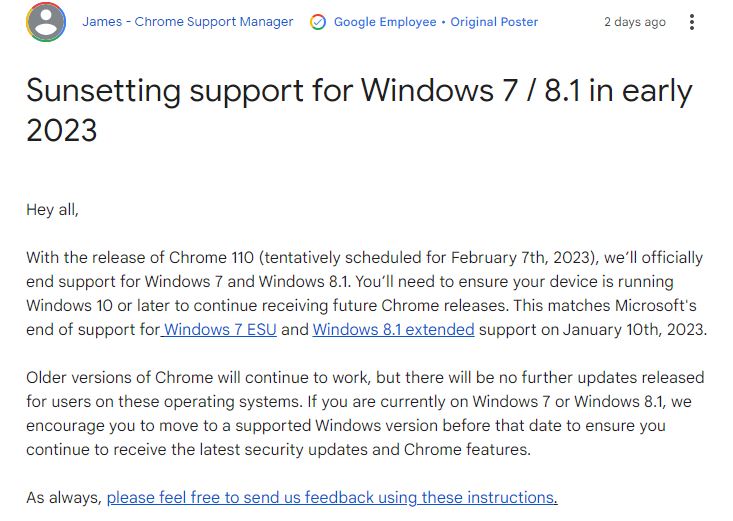 Chrome Akan Hentikan Dukungan Untuk Windows 7